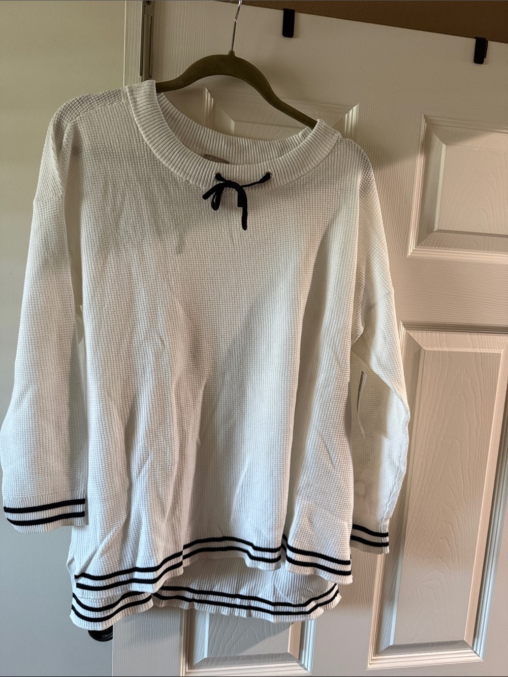 Chico's White Knit Crewneck Sweater with Black Trim
